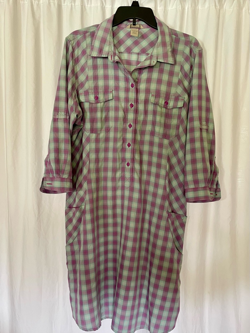 Duluth Trading Co Plaid Shirt Dress or Long Tunic in Mint Green and Magenta
